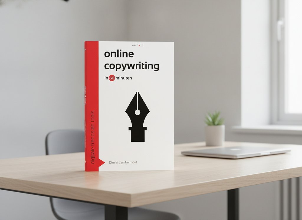 Online copywriting in 60 minuten van Dimitri Lambermont als 3D-boek op een bureau