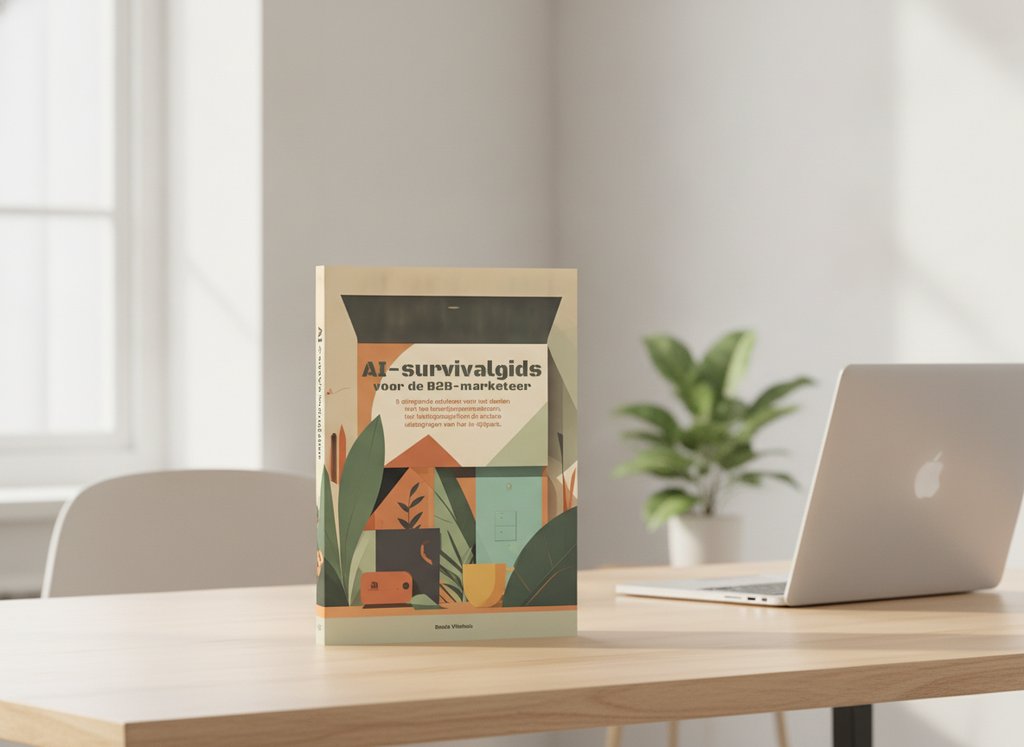 AI-survivalgids van Bouke Vlierhuis als 3D-boek op een bureau