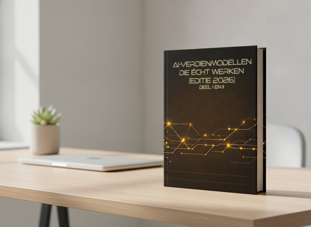 Ai-Verdienmodellen Die Echt Werken- AI-verdienmodellen die écht werken (editie 2026) van Koen Daalman als 3D-boek op een bureau