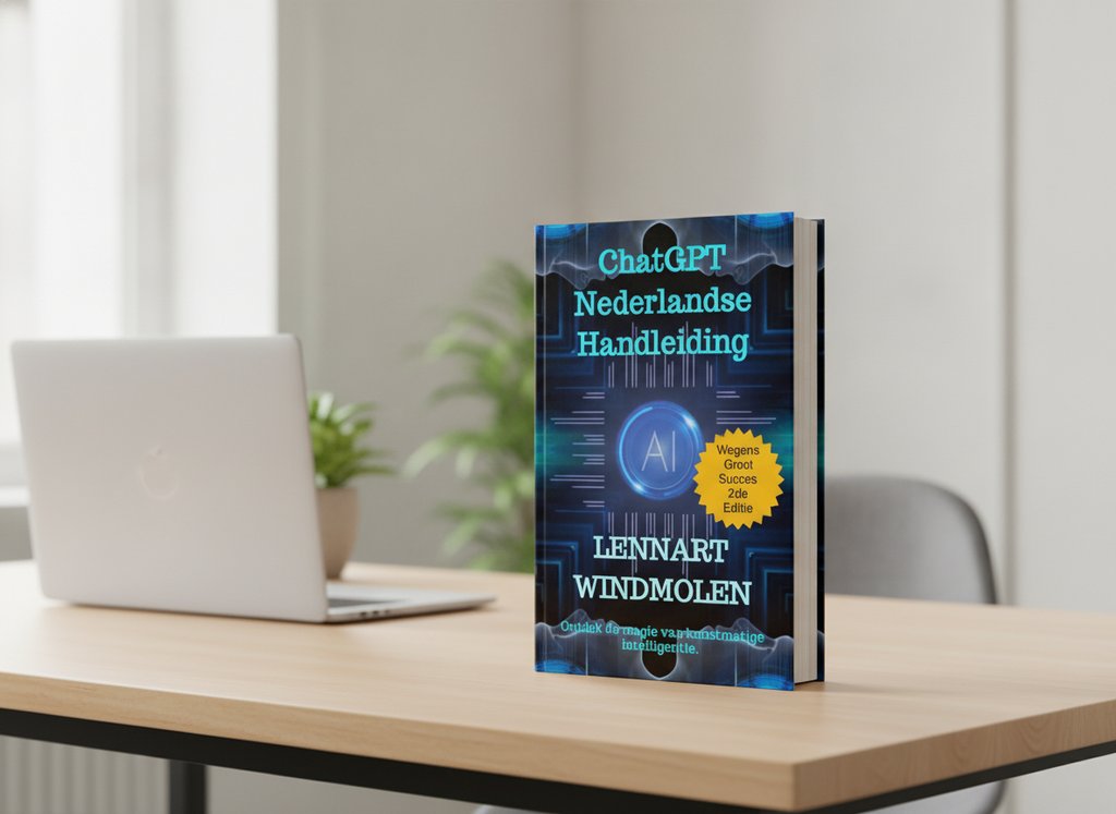 ChatGPT Nederlandse Handleiding van Lennart Windmolen als 3D-boek op een bureau