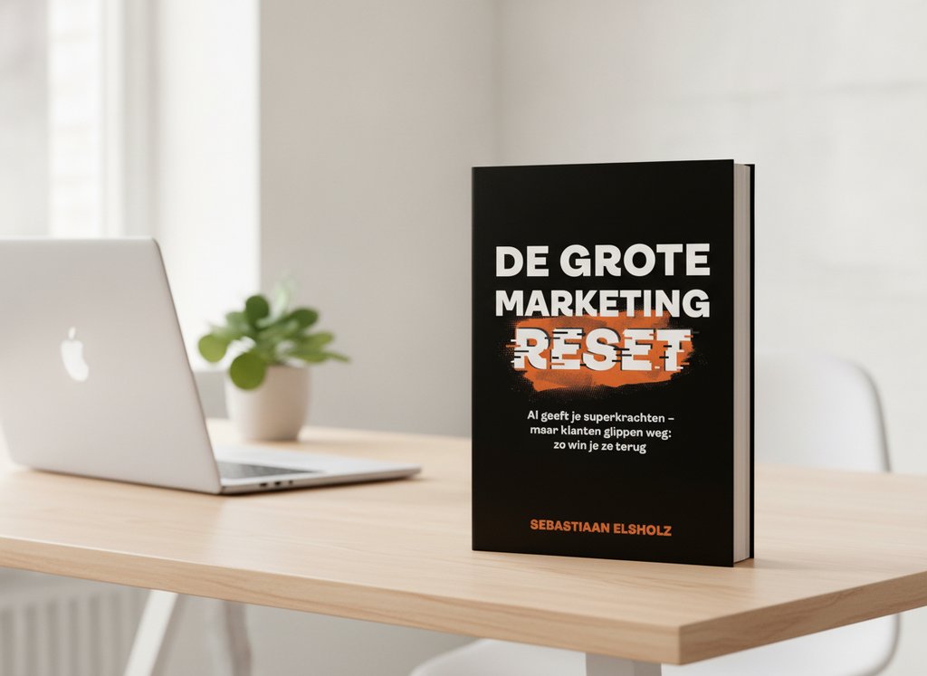 De Grote Marketing Reset van Sebastiaan Elsholz als 3D-boek op een bureau