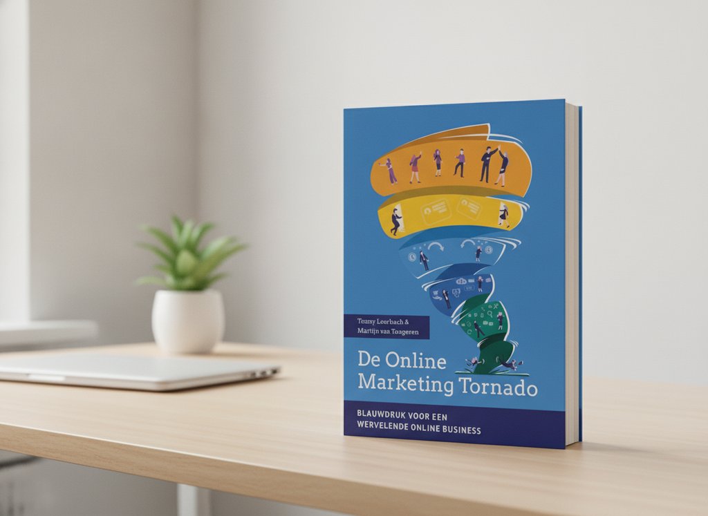 De Online Marketing Tornado van Tonny Loorbach als 3D-boek op een bureau