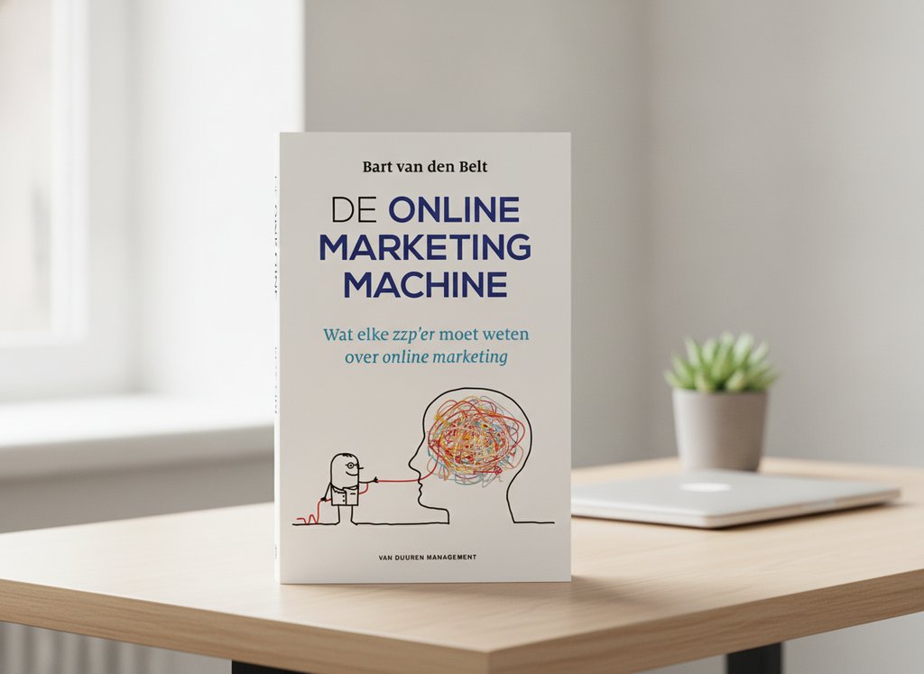 De online marketingmachine van Bart van den Belt als 3D-boek op een bureau