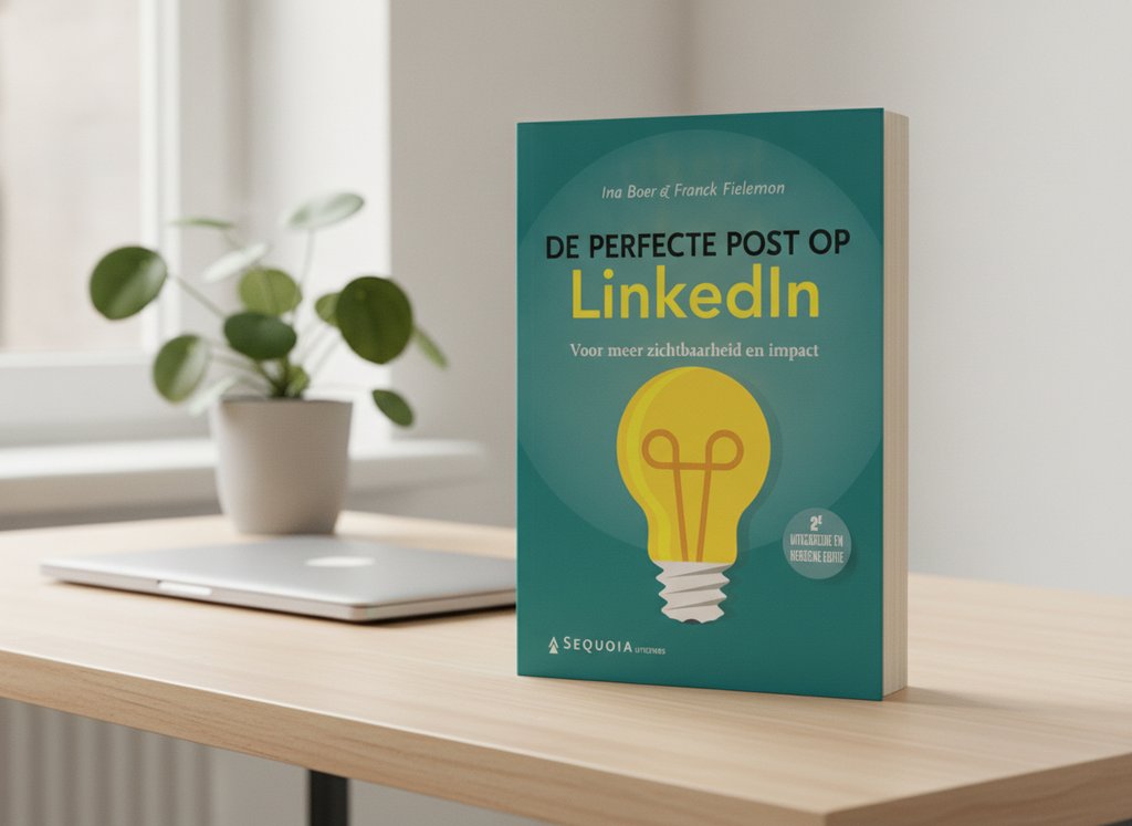 De perfecte post op LinkedIn van Ina Boer als 3D-boek op een bureau