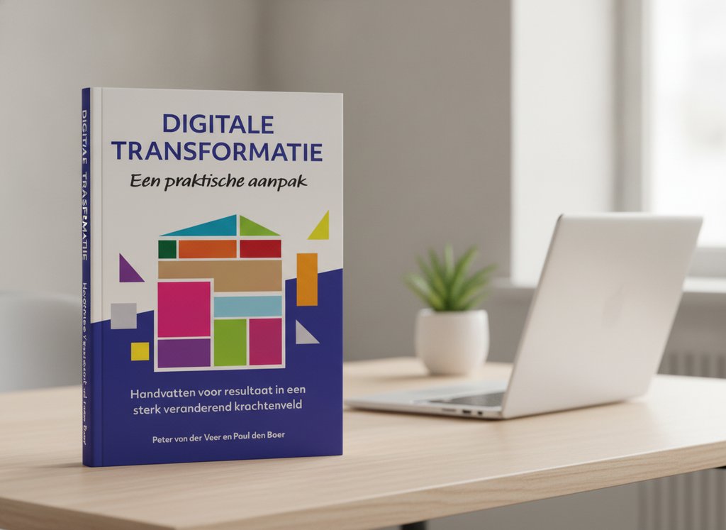 Digitale Transformatie, een praktische aanpak van Peter van der Veer en Paul den Boer als 3D-boek op een bureau