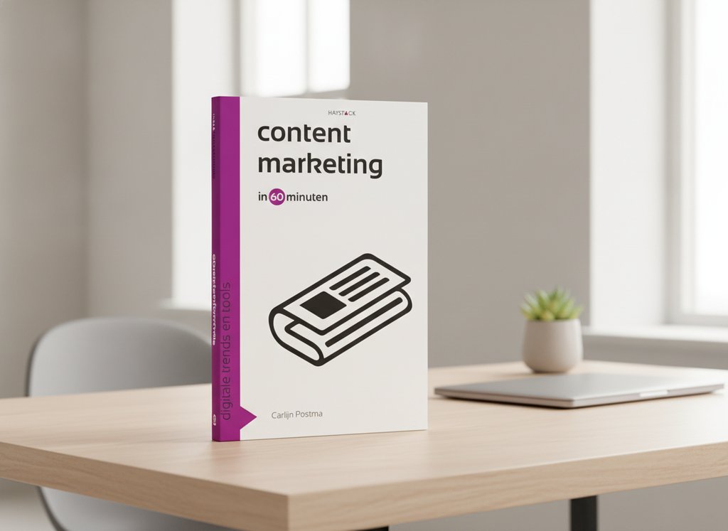 Contentmarketing in 60 minuten van Carlijn Postma als 3D-boek op een bureau