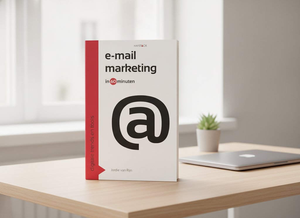 E-mailmarketing in 60 minuten van Jordie van Rijn als 3D-boek op een bureau