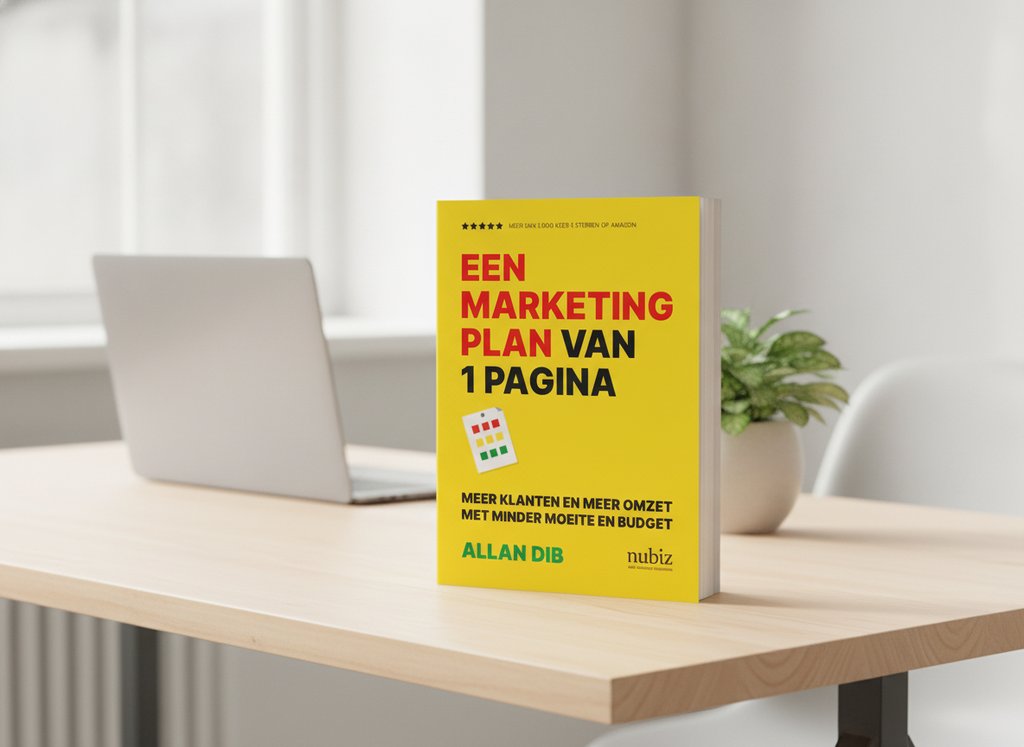Een marketingplan van 1 pagina van Allan Dib als 3D-boek op een bureau