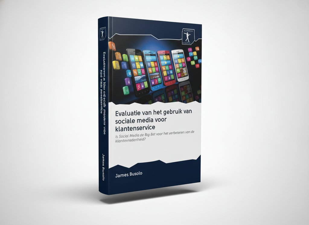 3D-render van het boek Evaluatie van het gebruik van sociale media voor klantenservice (James Busolo)