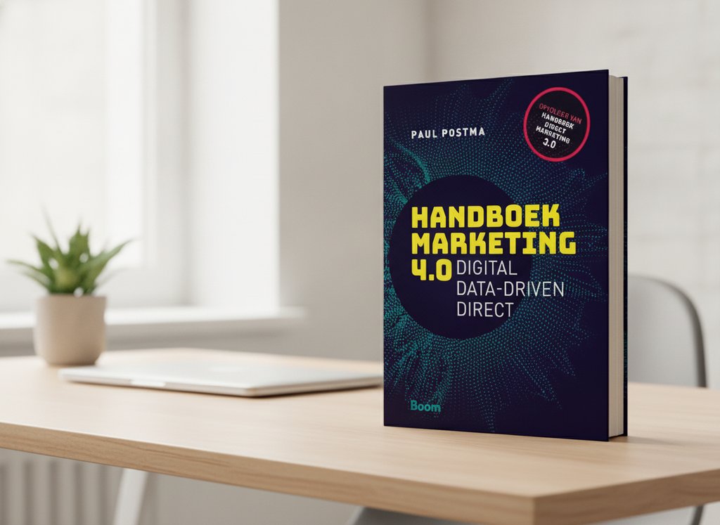 Handboek Marketing 4.0 van Paul Postma als 3D-boek op een bureau