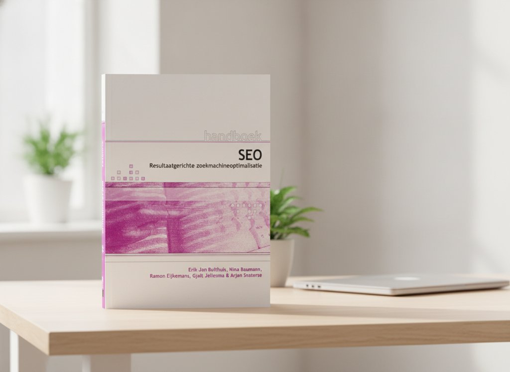 Handboek SEO voor webdesigners van Erik-Jan Bulthuis als 3D-boek op een bureau