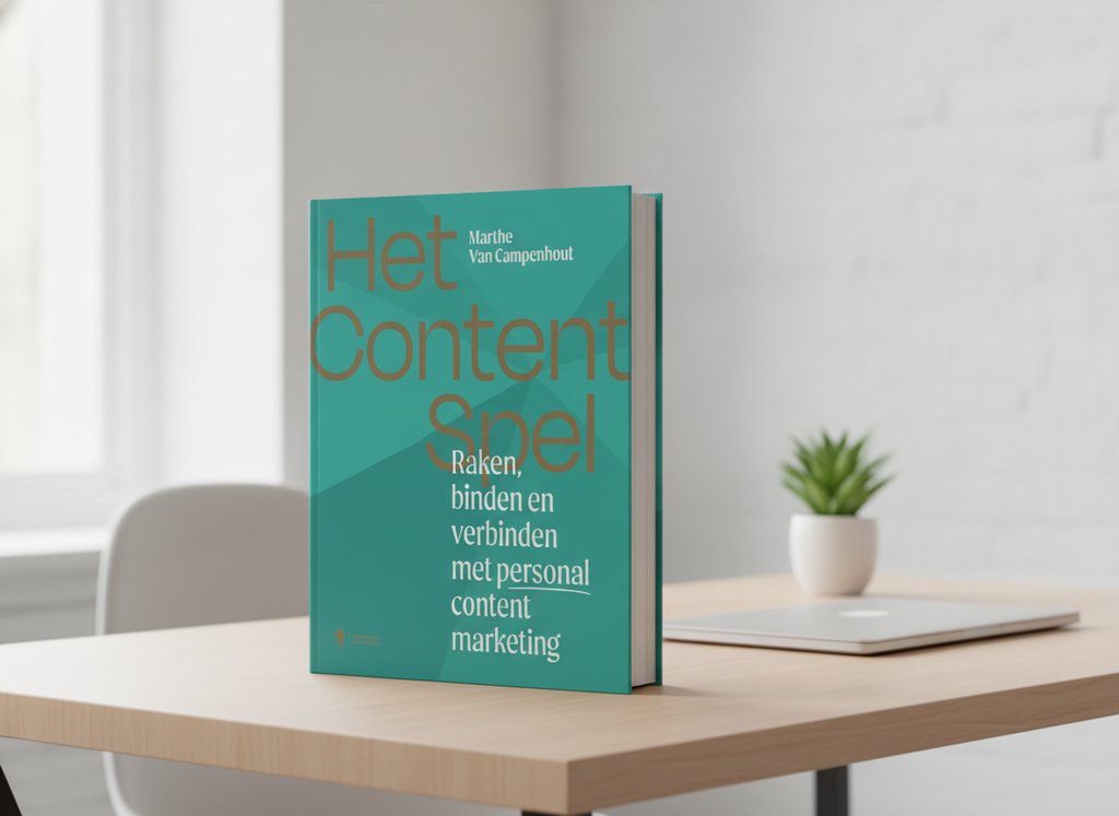 Het Contentspel van Marthe Van Campenhout als 3D-boek op een bureau