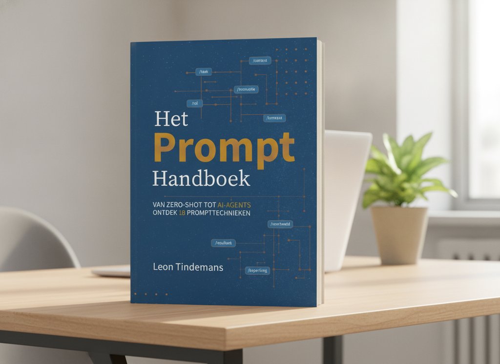 Het Prompt Handboek van Leon Tindemans als 3D-boek op een bureau