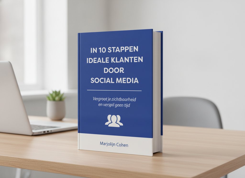 In 10 stappen - In 10 stappen ideale klanten door social media van Marjolijn Cohen als 3D-boek op een bureau
