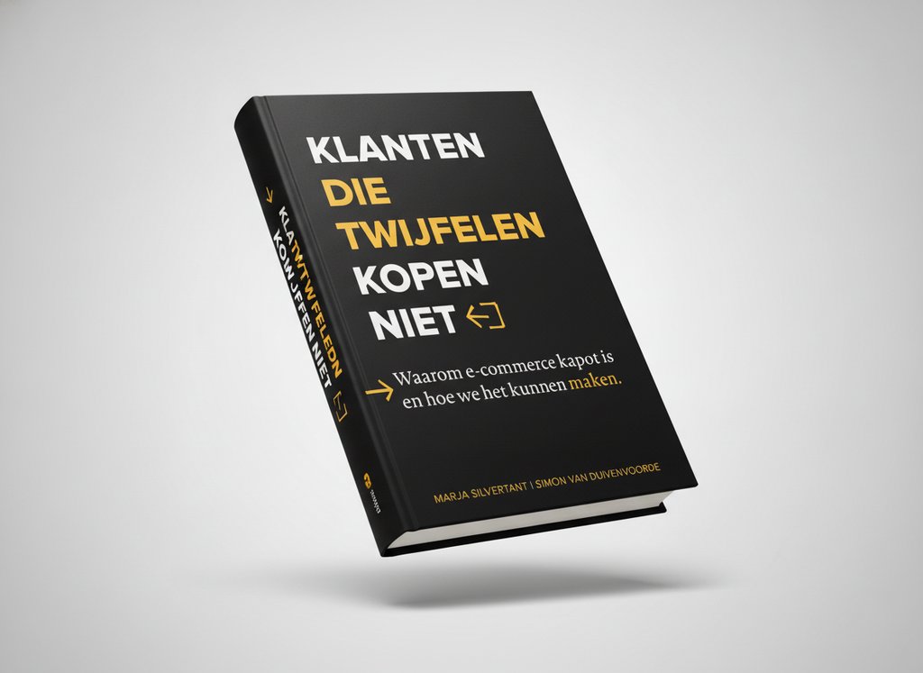3D-render van het boek Klanten die twijfelen kopen niet (Marja Silvertant)