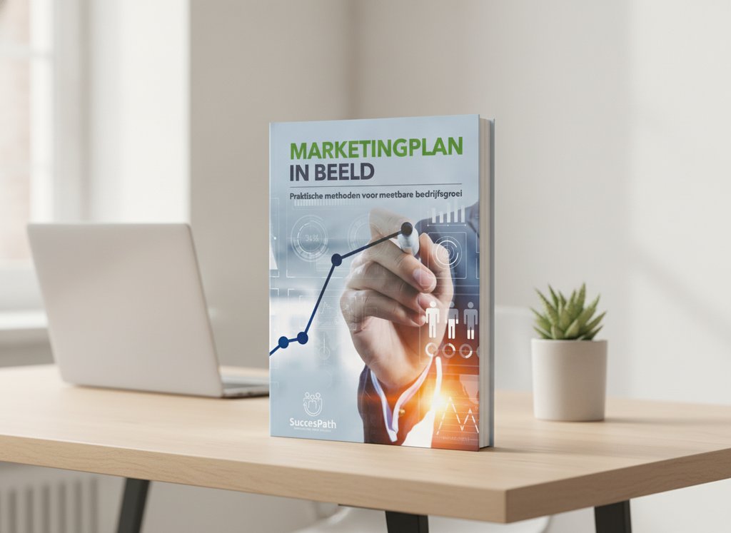 Marketingplan in Beeld van Andy De Bondt als 3D-boek op een bureau