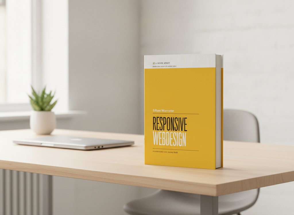 Responsive webdesign van Ethan Marcotte als 3D-boek op een bureau
