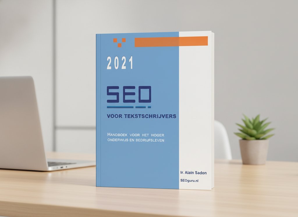 SEO voor tekstschrijvers van Alain Sadon als 3D-boek op een bureau