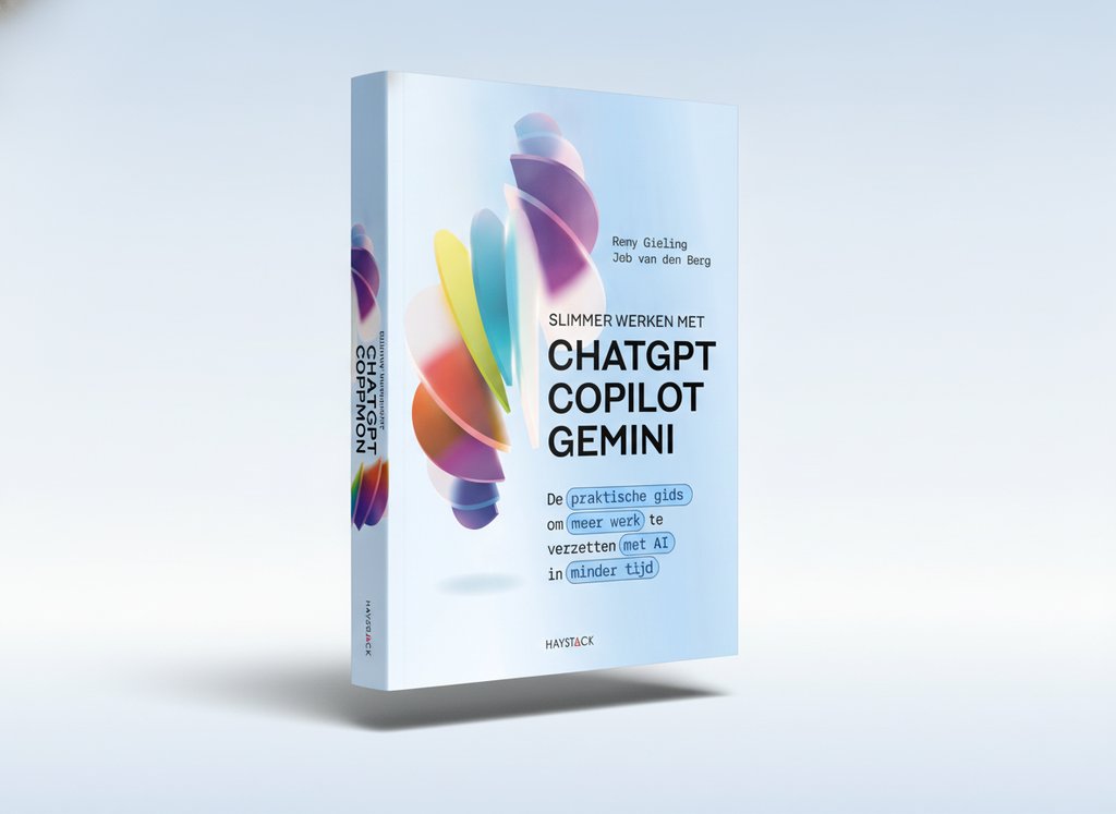 3D-render van het boek Slimmer werken met ChatGPT, Copilot en Gemini (Remy Gieling)