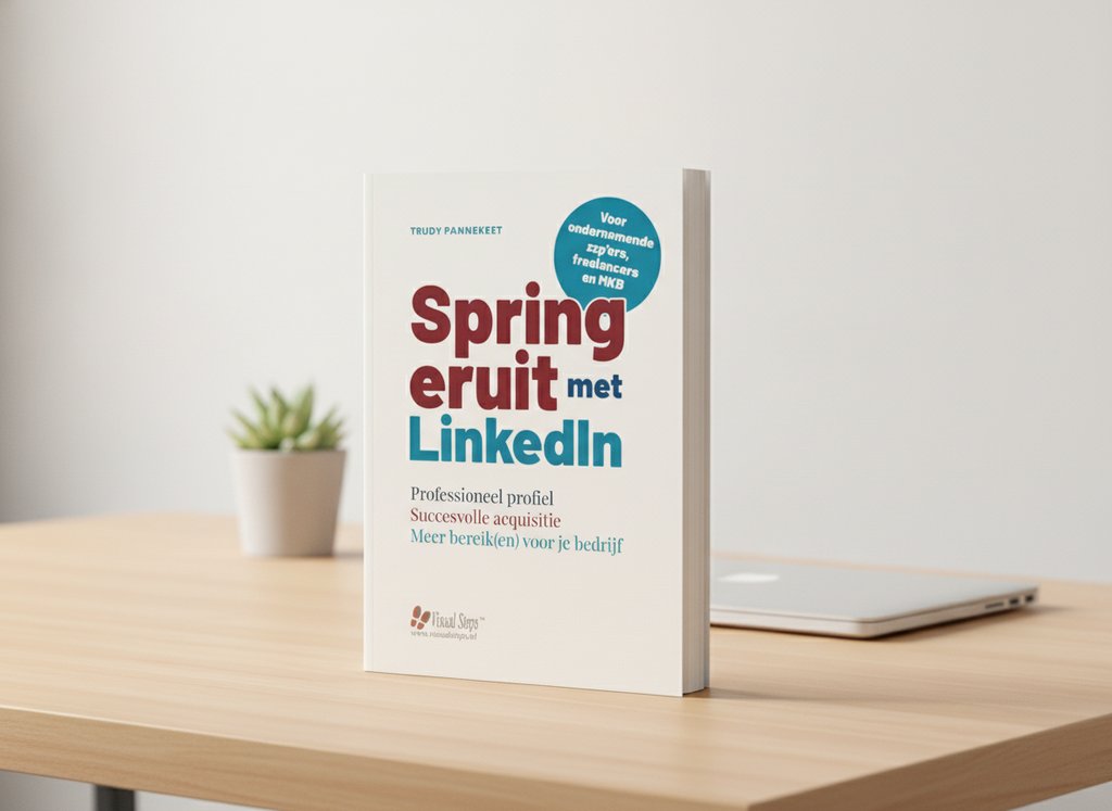 Spring eruit met LinkedIn van Trudy Pannekeet als 3D-boek op een bureau