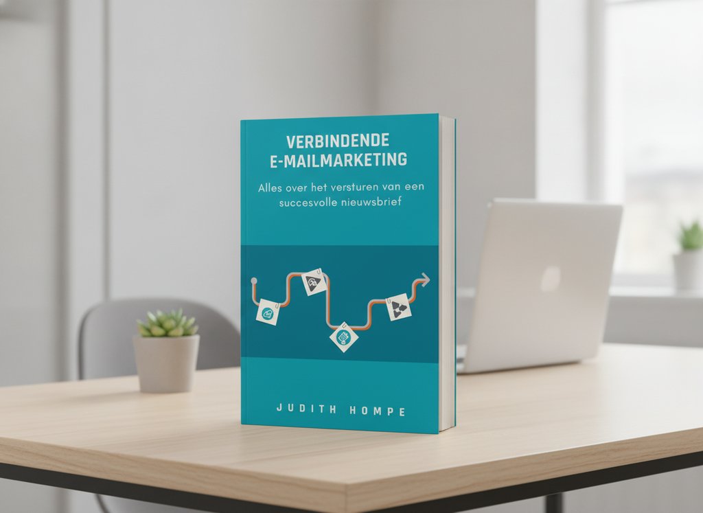 Verbindende e-mailmarketing van Judith Hompe als 3D-boek op een bureau