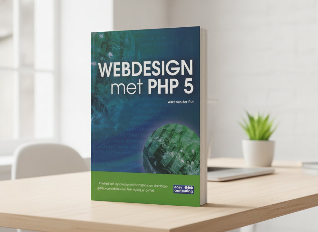 WEBDESIGN MET PHP 5 van Van der Ward als 3D-boek op een bureau