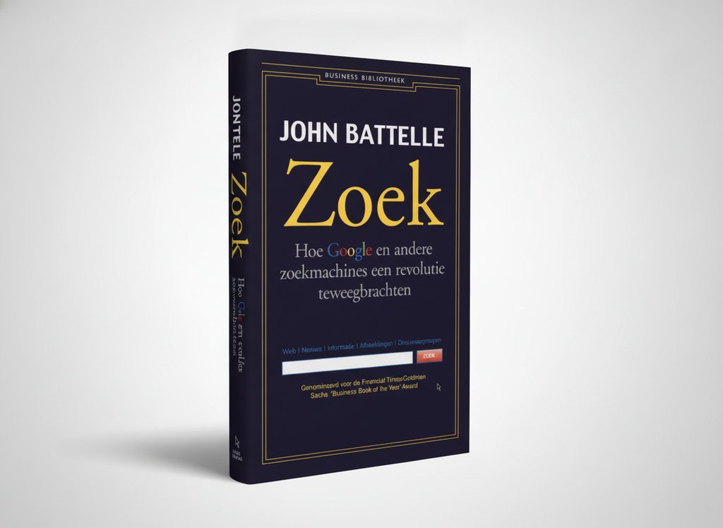 3D-render van het boek Zoek (John Battelle)
