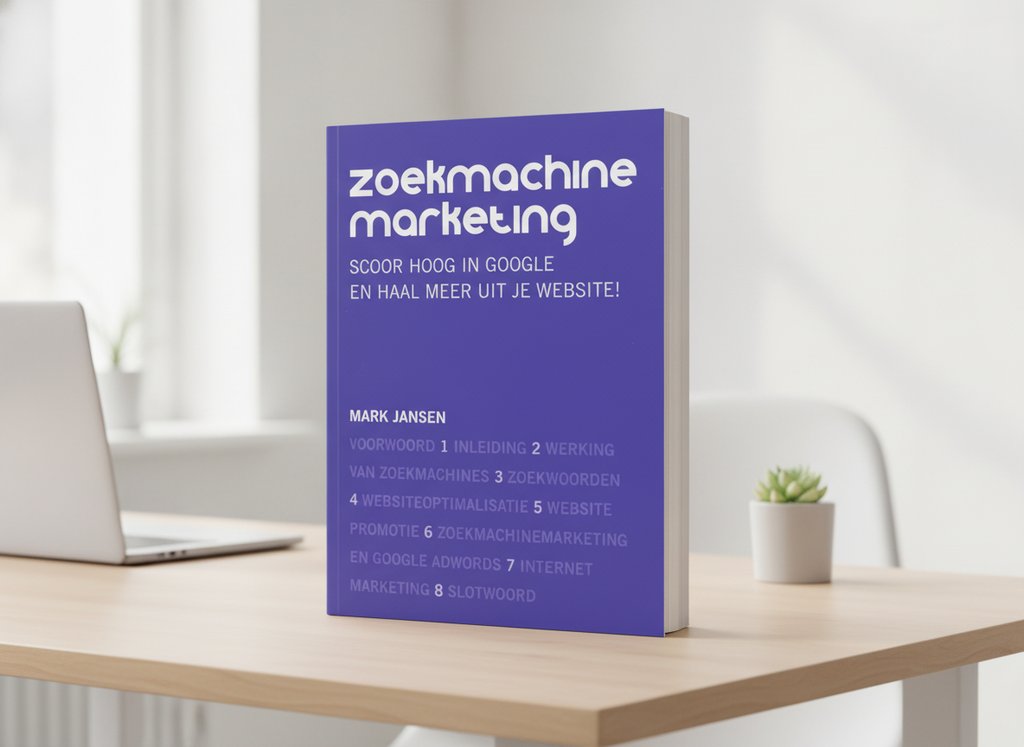 Zoekmachinemarketing van Mark Jansen als 3D-boek op een bureau